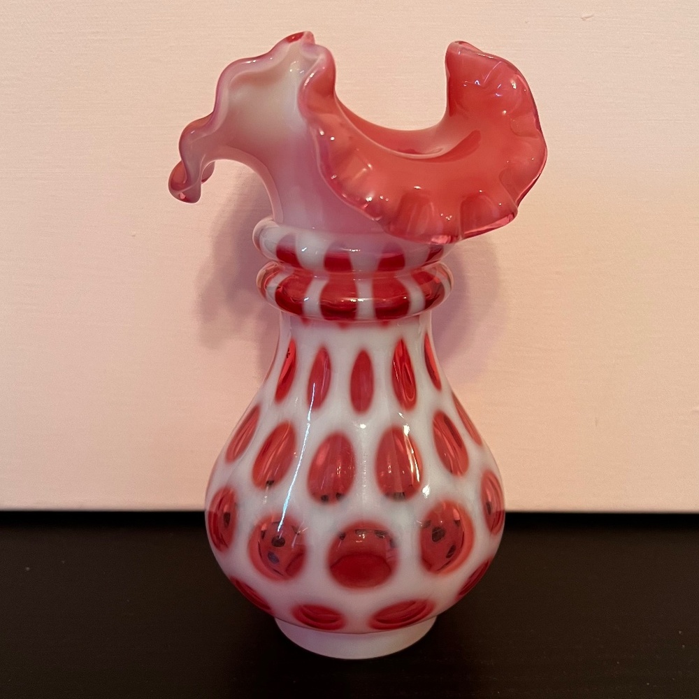 Vintage FENTON Small Coin Dot Burgundy Ruffled Opalescent Vase